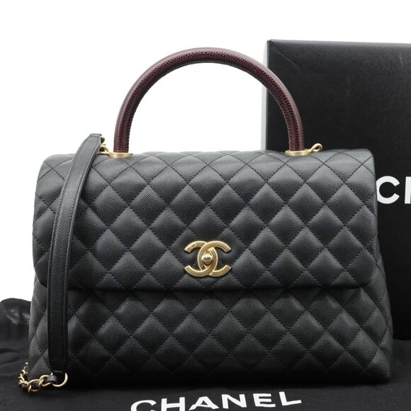 Chanel  Coco Large Quilted Caviar Lizard Handle Shoulder Bag Black - Picture 3 of 13